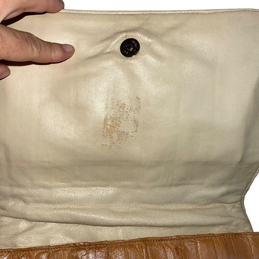 Vintage Womens Clutch Shoulder Bag Tan Eel Skin Convertible Detachable Strap
